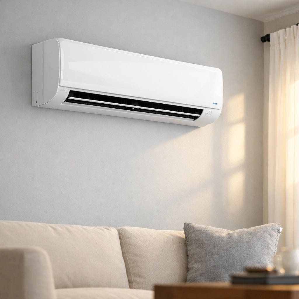 Ductless mini split heat pump installed in Maine living room for energy-efficient heating