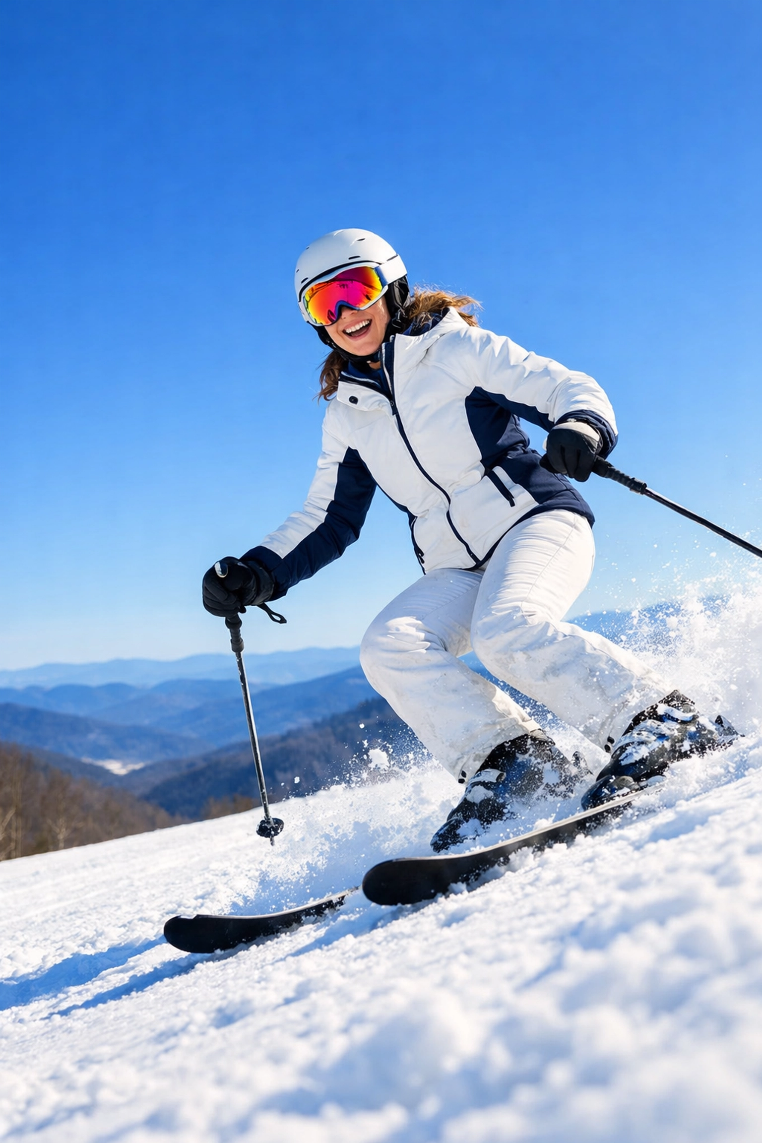 A beginner skier practicing turns on a sun-drenched green trail at Snowshoe Mountain resort.