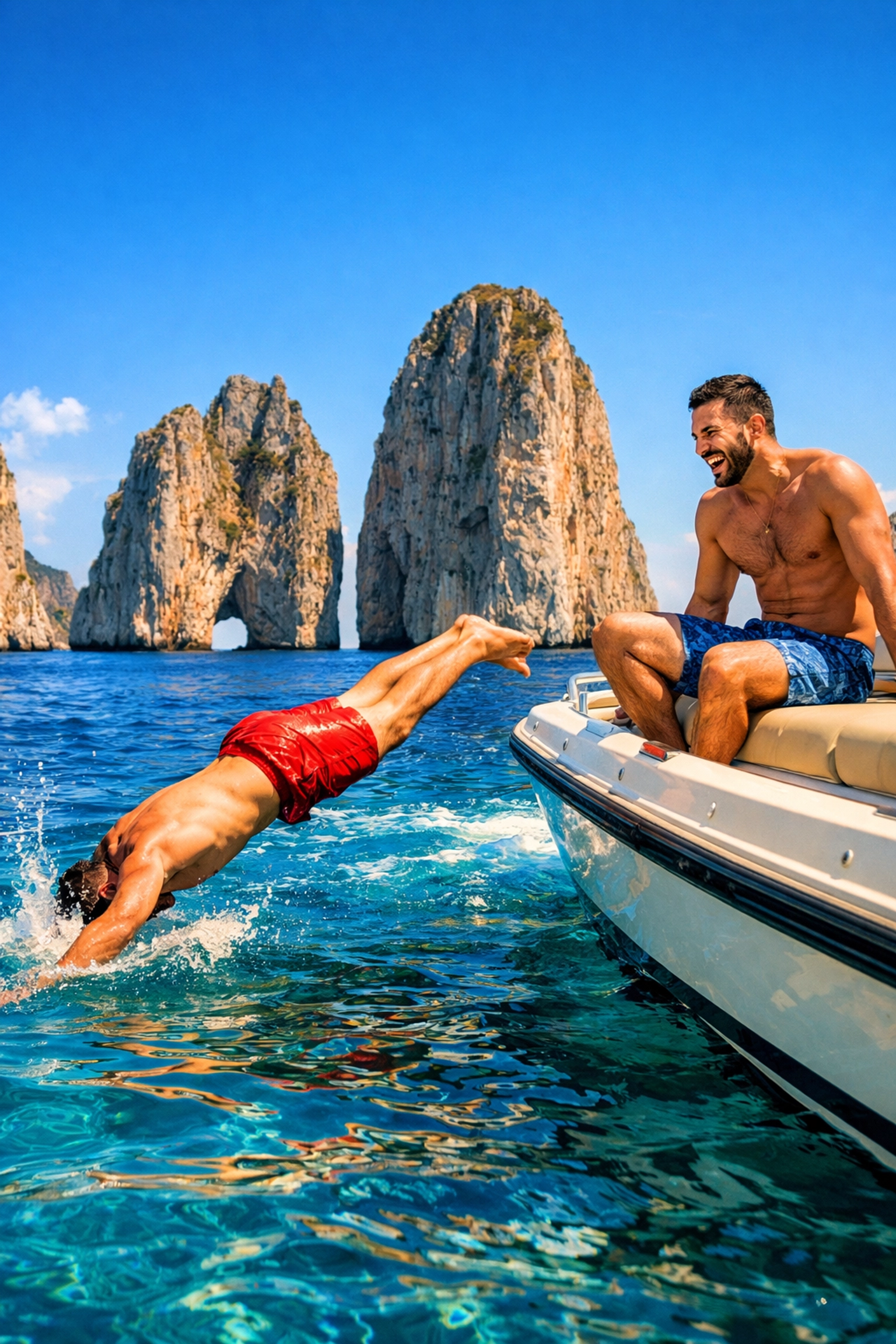Gay couple on private boat near Capri's Faraglioni rocks in Mediterranean waters