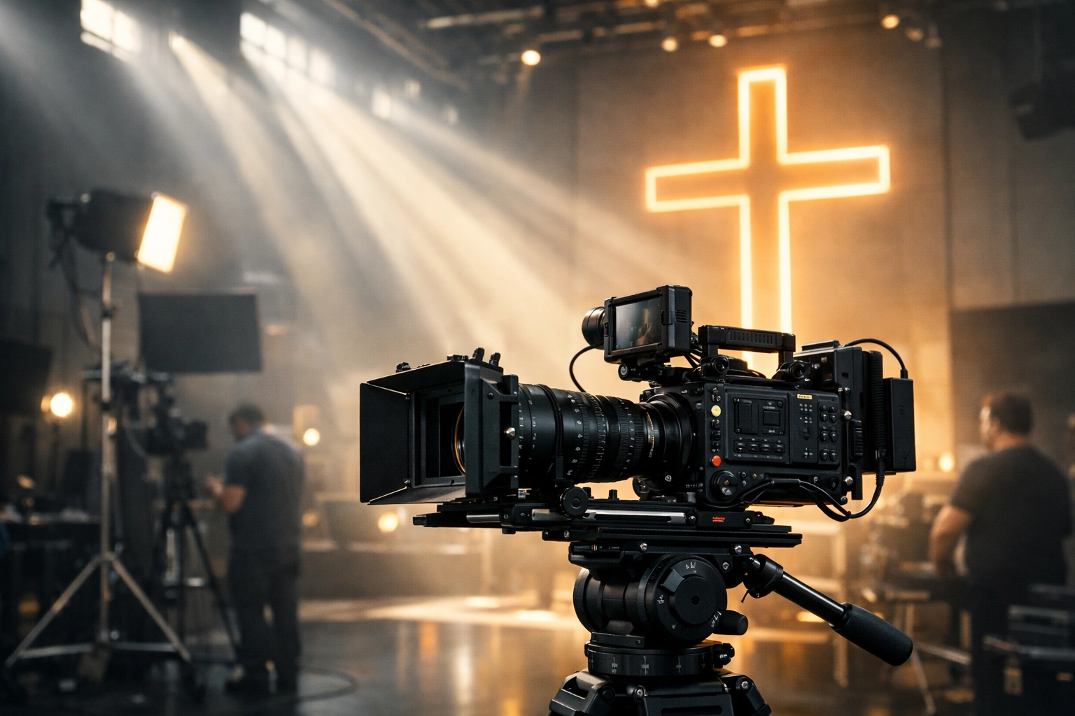 Professional film camera in a sunlit studio with a glowing cross, highlighting excellence in Christian film production.