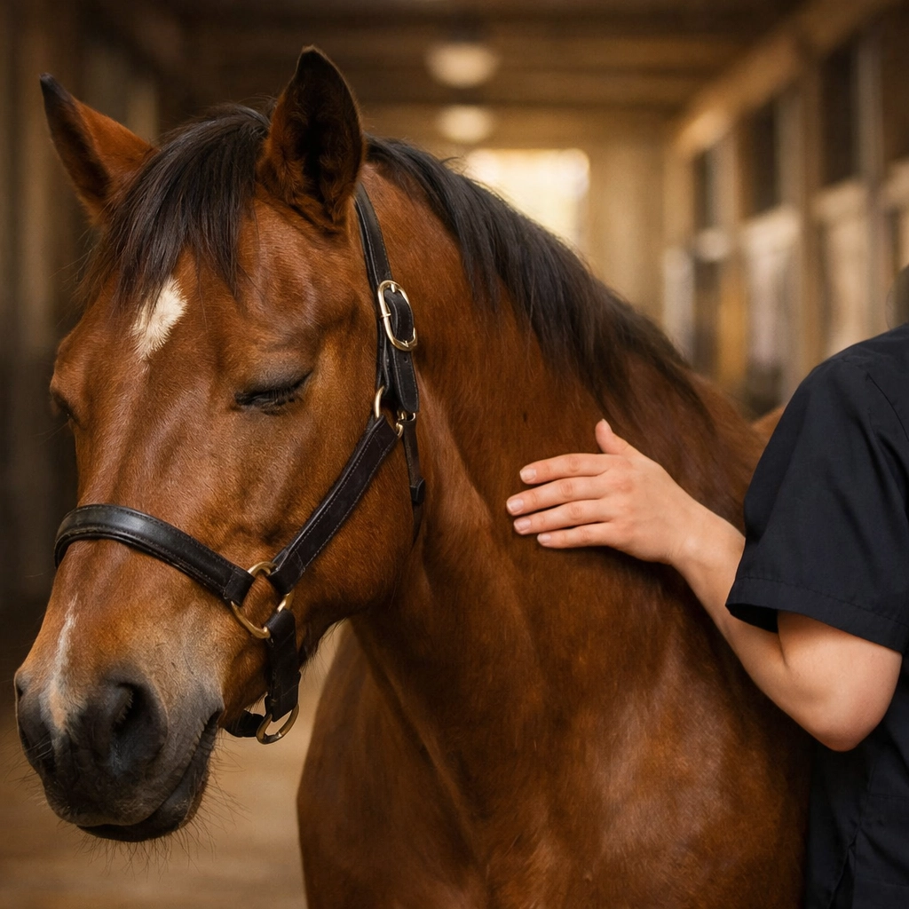 Equine chiropractic practitioner supporting a relaxed performance horse for recovery and wellness.