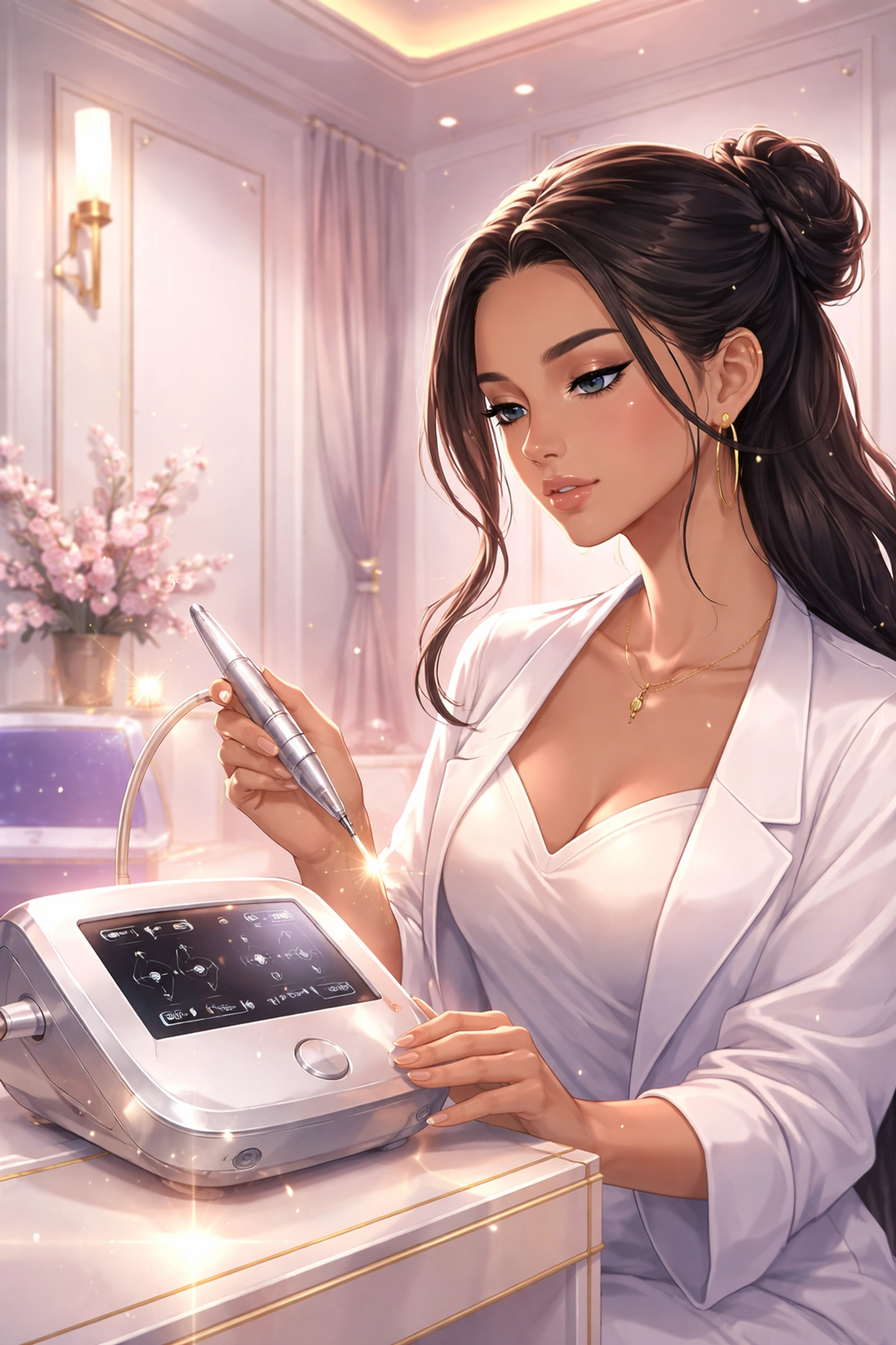 A diverse woman examines advanced nano brow technology in a luxurious blush and gold beauty studio, highlighting safe, modern brow techniques.