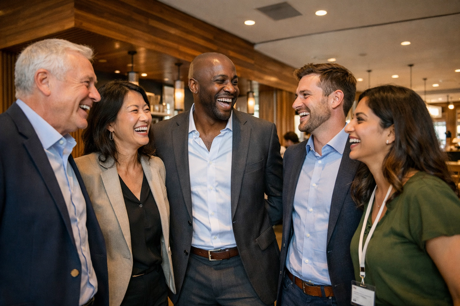 A diverse team of professionals experiencing a moment of shared purpose and connection in a modern business lounge.