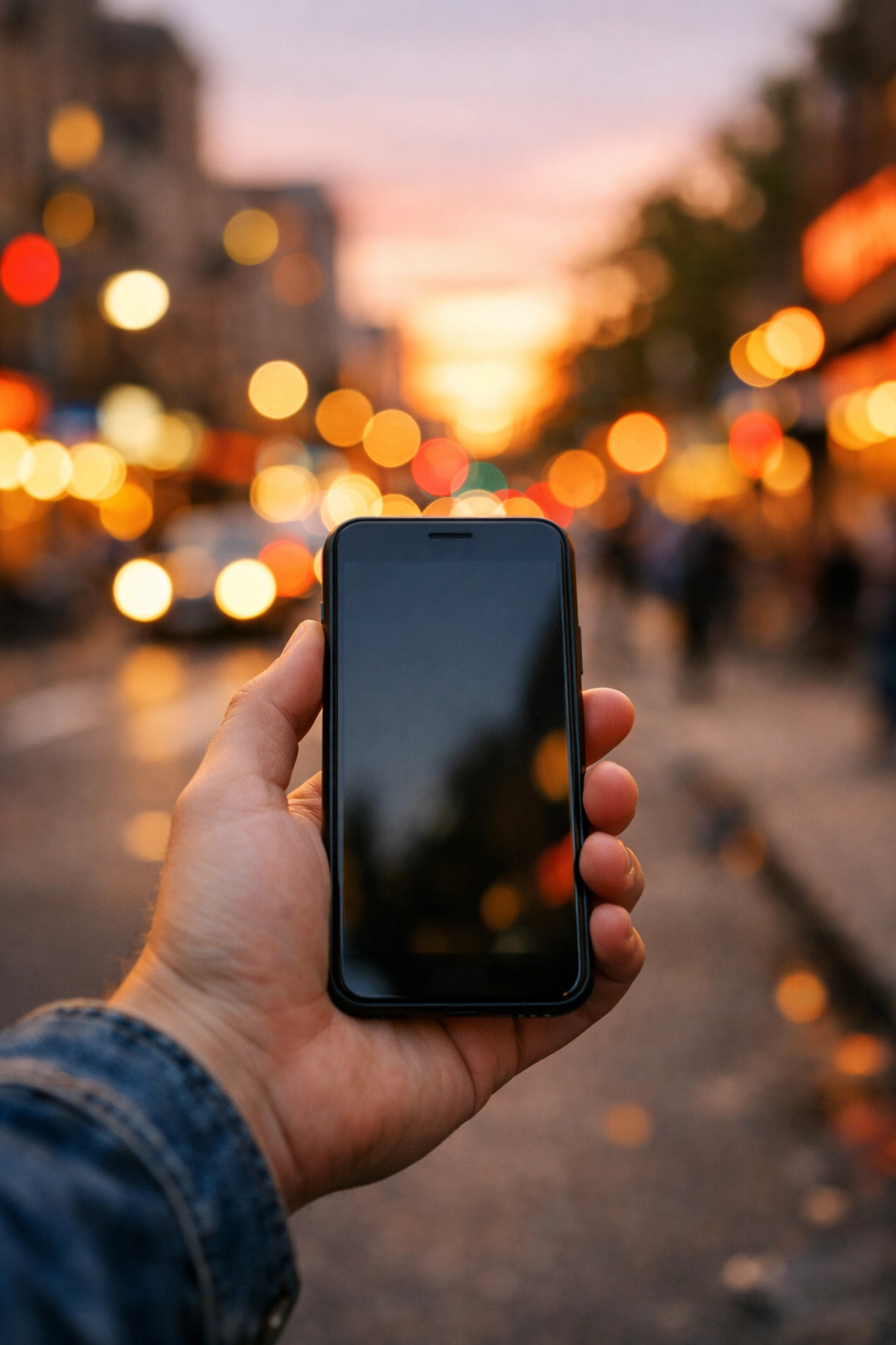 Hand holding a phone in a city setting to access the quickest online loans in Canada.