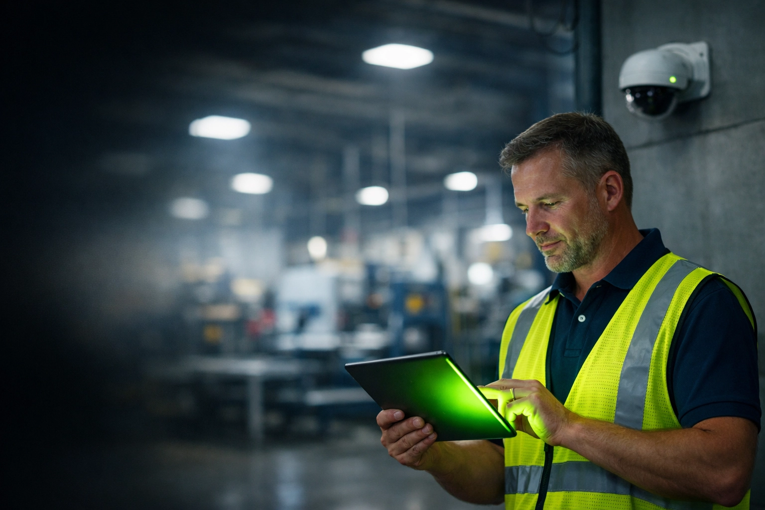 Nebraska facility manager monitoring an integrated physical security system and CCTV in a Lincoln warehouse.