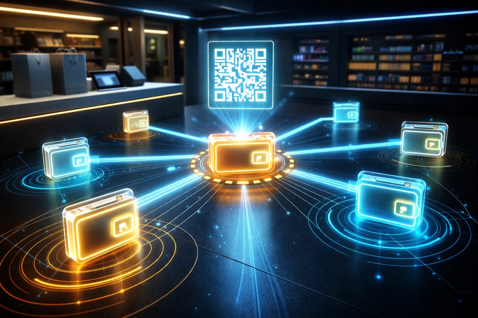 Futuristic retail scene illustrating QR-generated POS with master and sub-wallets for seamless crypto payment management