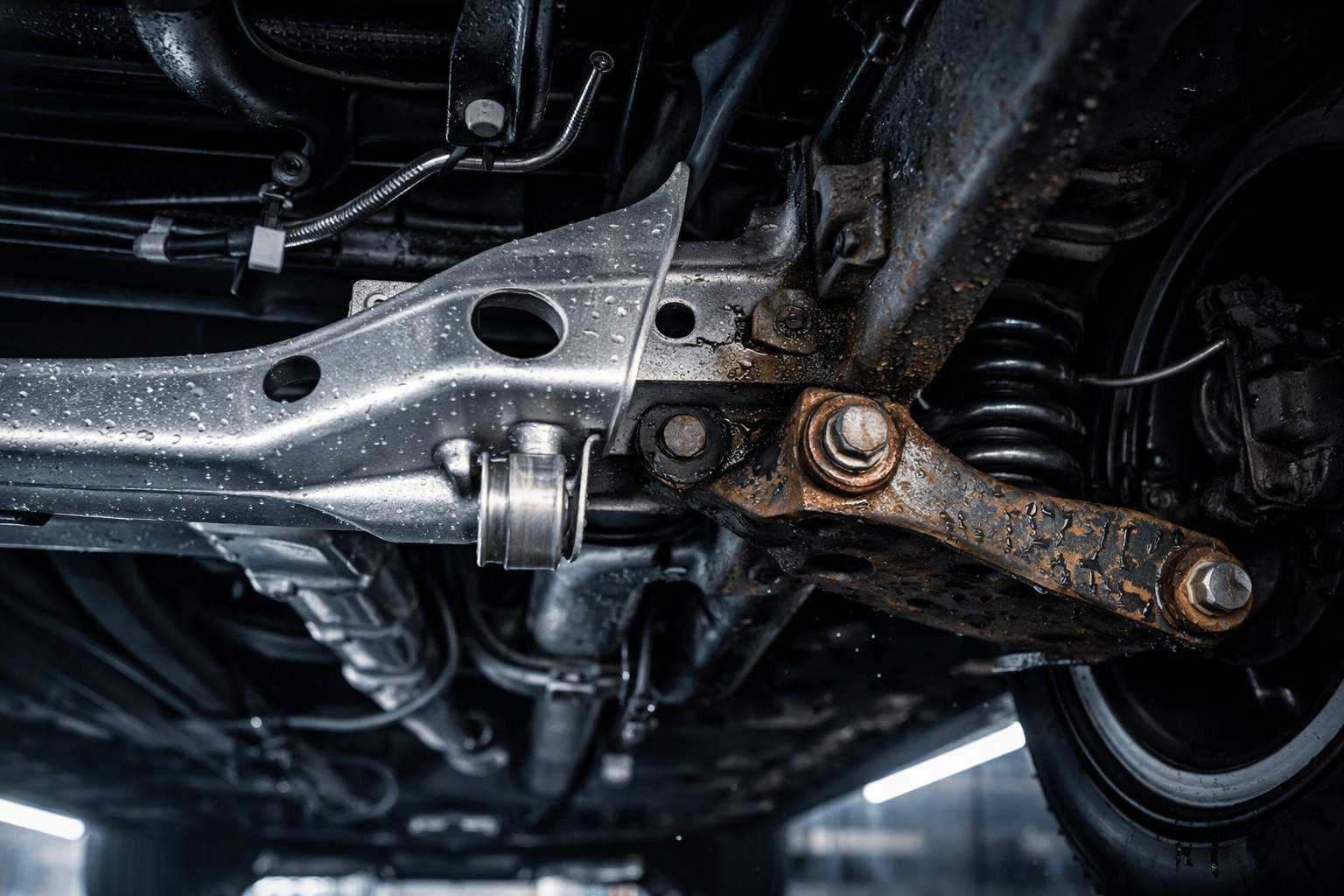 Close-up view of a modern car undercarriage showing early signs of rust and moisture on metal components, highlighting corrosion risks.