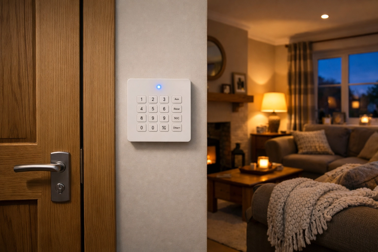 Modern intruder alarm keypad installed in a cozy Liss living room for integrated home security and peace of mind.