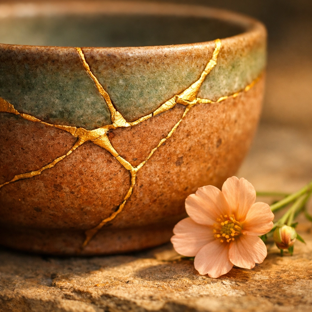 Kintsugi pottery with gold repairs symbolizing the transformation of core wounds into authentic strength and value.