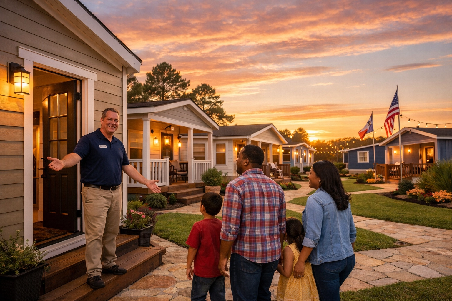 Beautifully staged manufactured home models at the Affinal Homes village in Crosby, Texas at sunset.