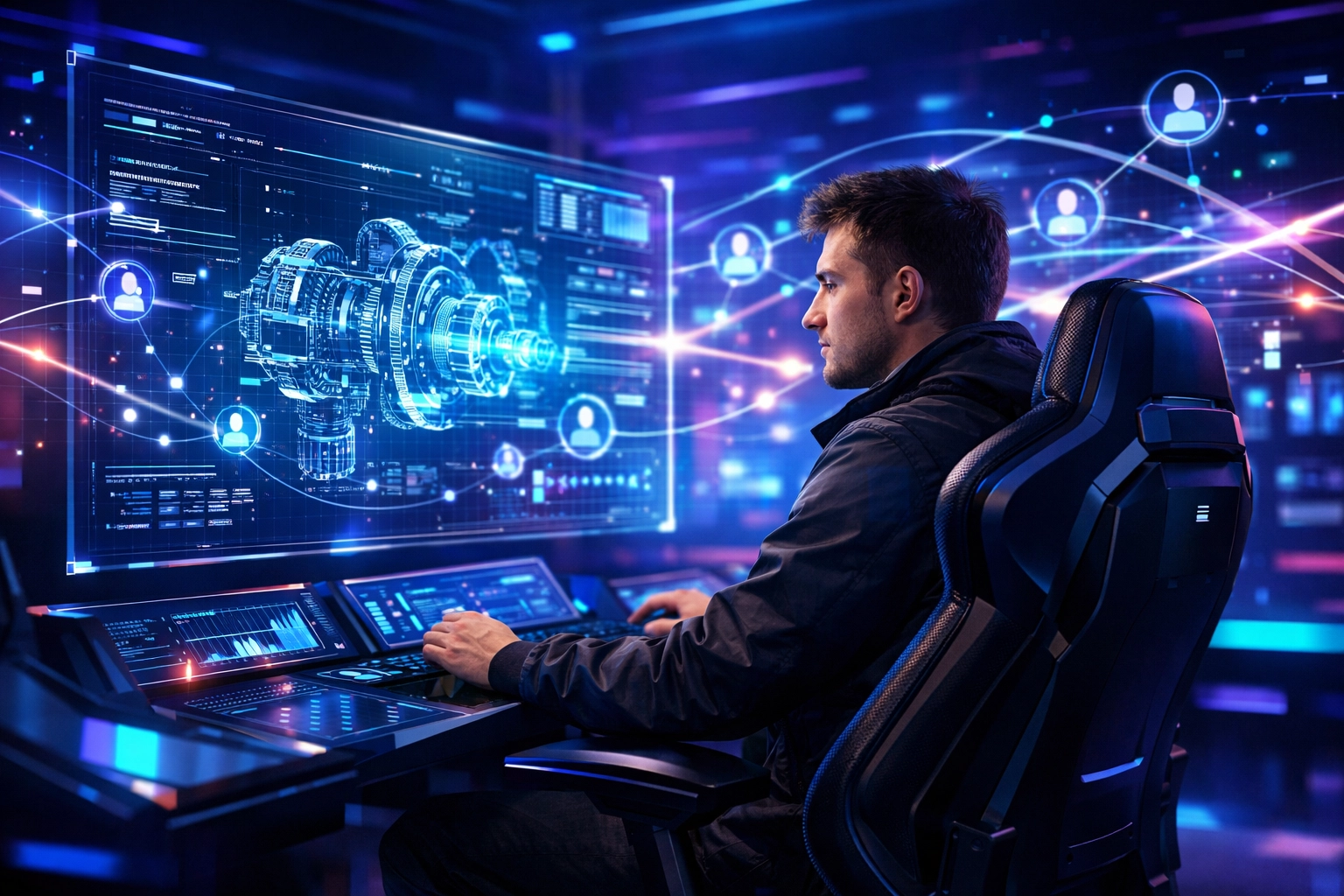 Young professional using an immersive esports simulation pod for high-tech workforce development.