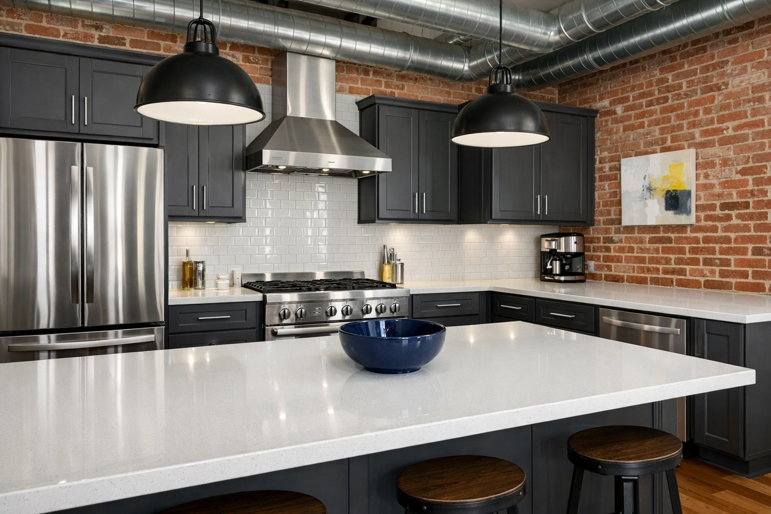 Pristine industrial kitchen following a thorough deep cleaning Worcester service in a modern loft.