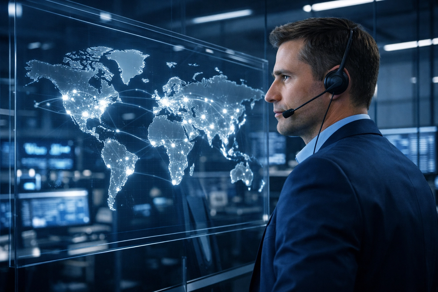 Logistics coordinator managing high-tech global shipping with real-time tracking and visibility.