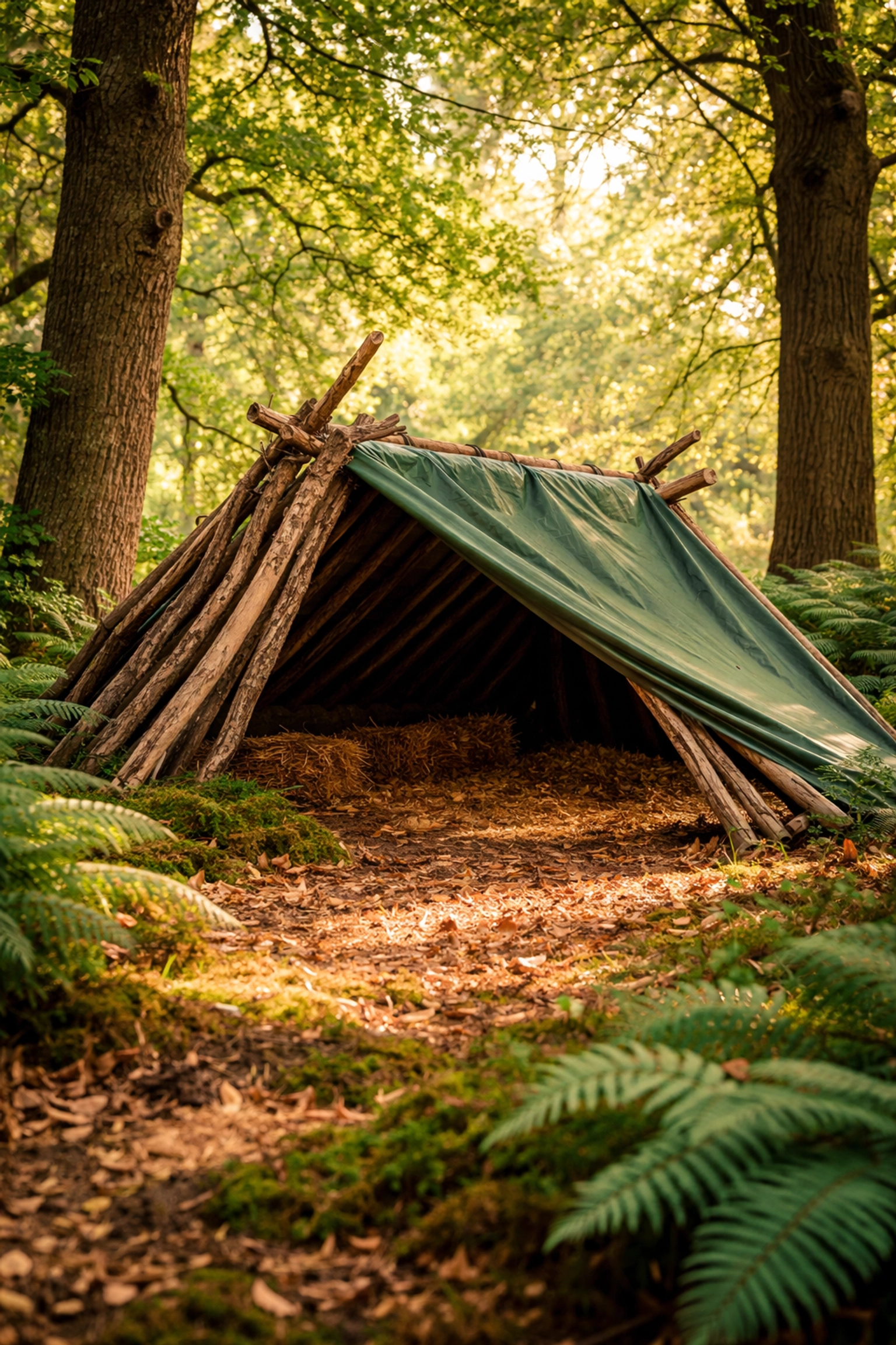 Rustic lean-to shelter made from branches and tarp in a UK woodland, ideal for wild camping protection