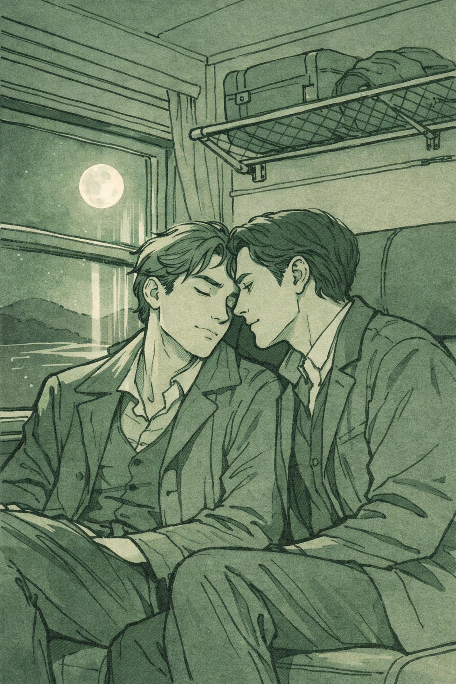 Gay romance scene with two men in train compartment at night illustrating adrenaline-fueled intimacy