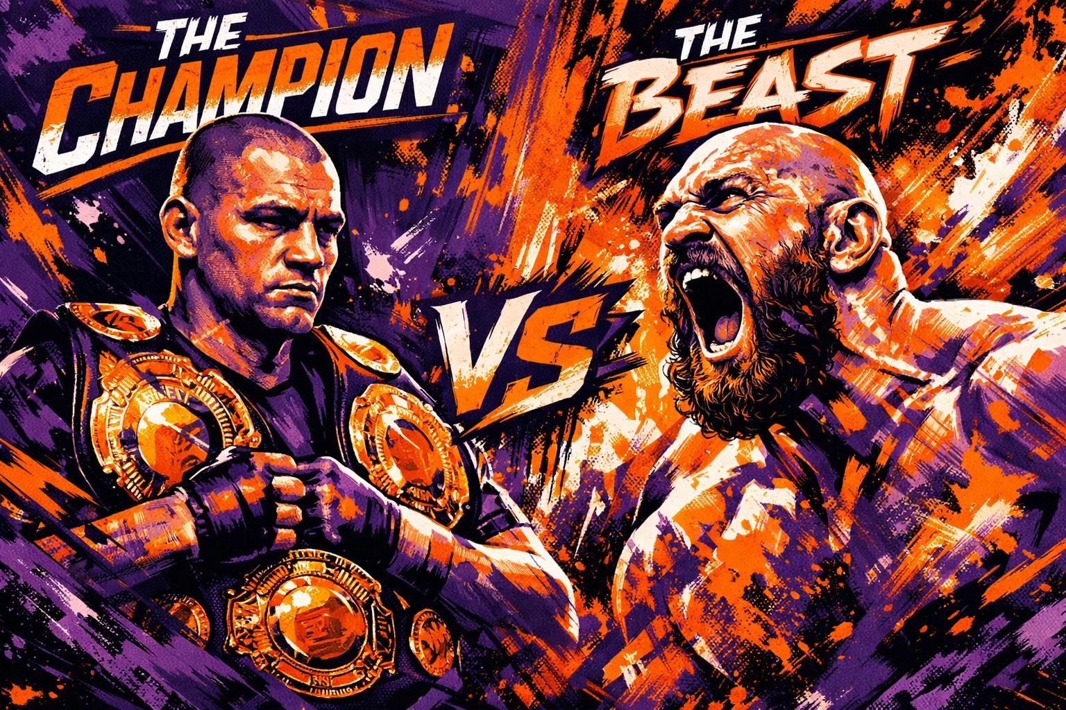 Artistic portrait of unified champion Oleksandr Usyk with belts next to a shouting Tyson Fury in a boxing clash.
