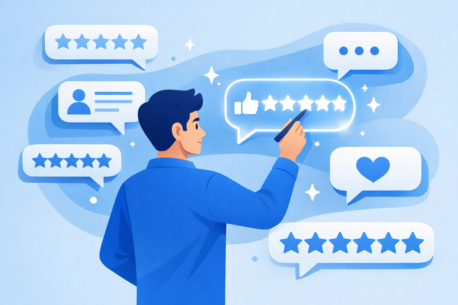 Digital marketing illustration of managing online reviews and reputation to enhance local SEO services.