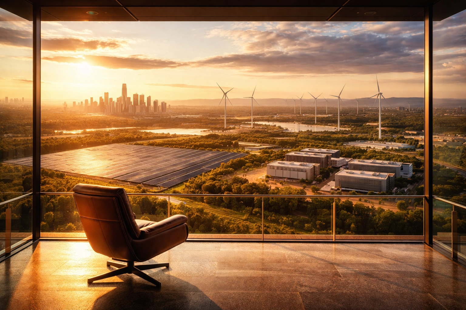 Investor’s viewpoint over a horizon blending urban cityscape, renewable energy, and digital infrastructure for asset diversification.