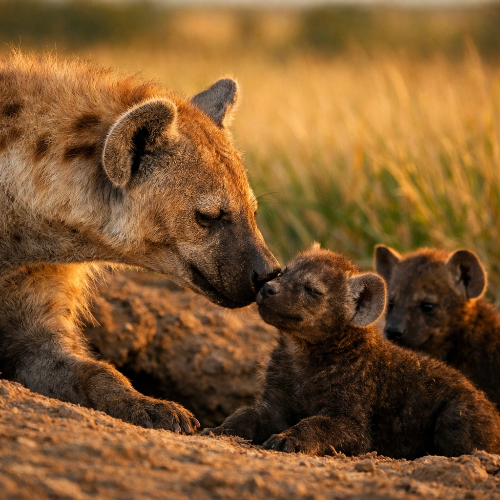 A spotted hyena mother nuzzling her cub in the wild, illustrating the social intelligence of the species.
