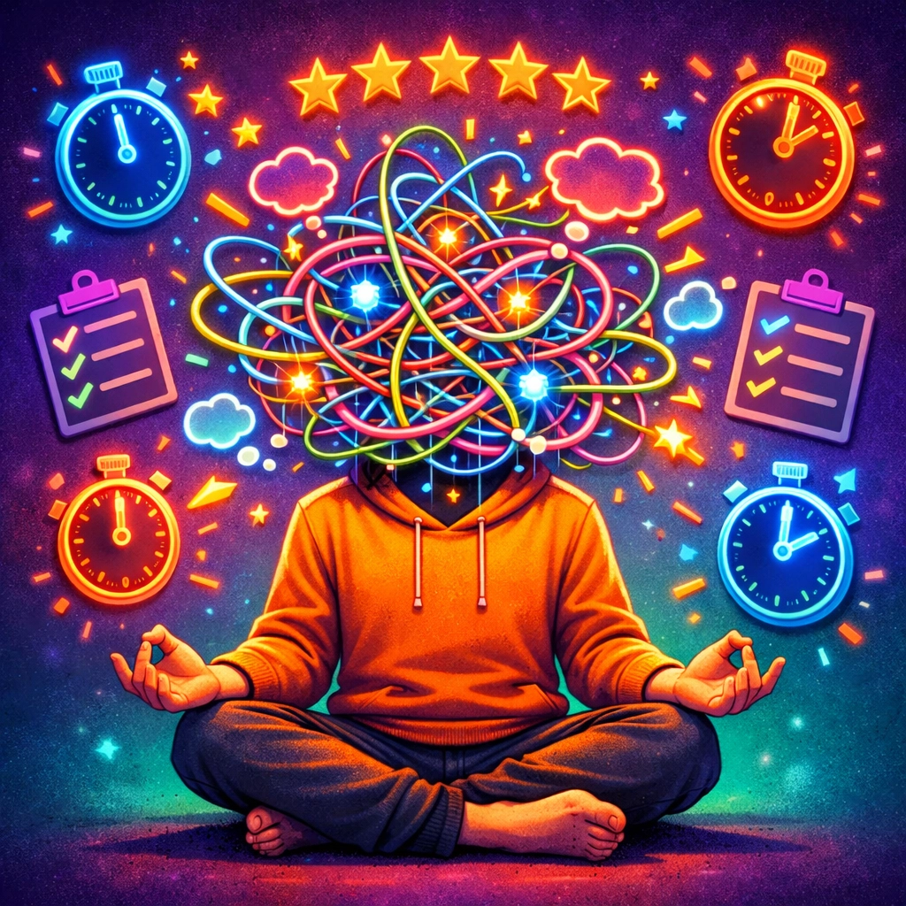 Meditating figure with tangled thoughts showing anxiety about mindful sex performance