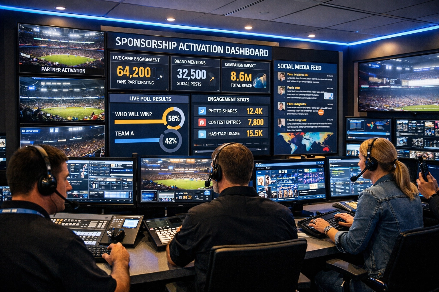 Sponsorship activation control room monitoring real-time partnership campaign performance metrics