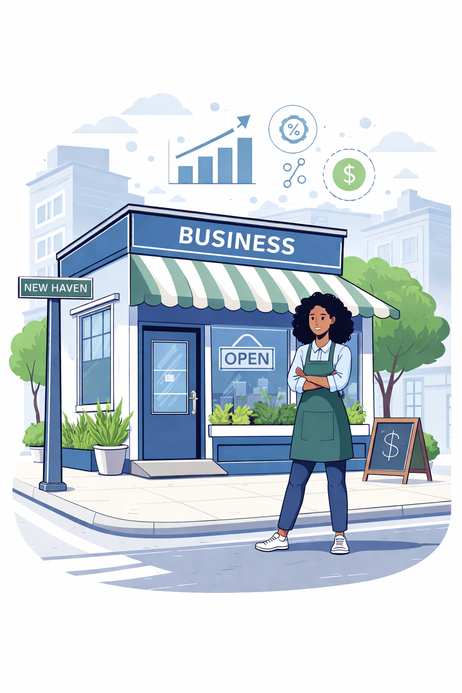 Small business owner in front of New Haven storefront, planning for 2026 QBI deduction and tax changes