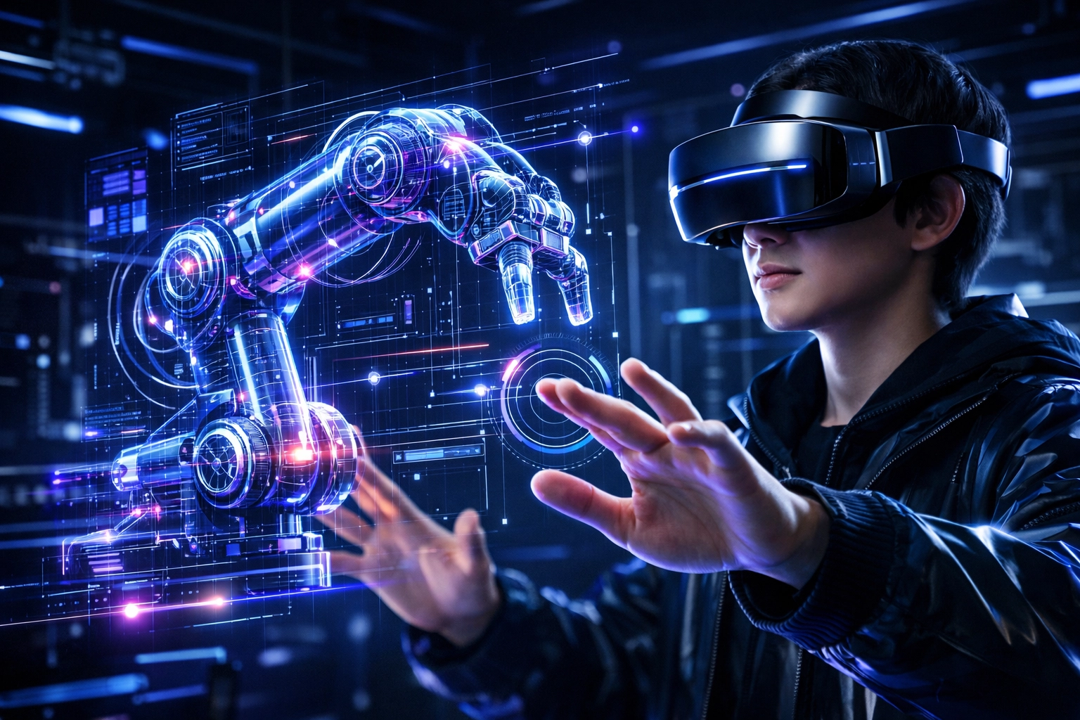 A student using a VR headset for XR training while interacting with a holographic robotic arm blueprint.