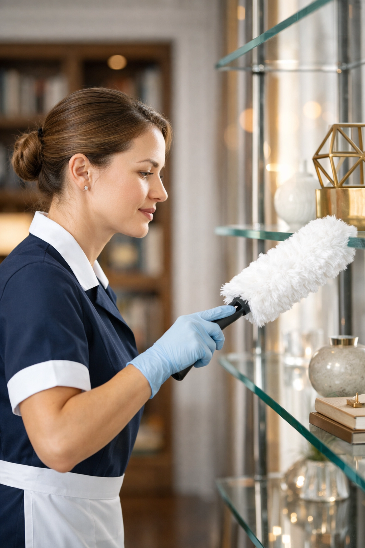 Professional cleaner dusting a glass shelf, illustrating reliable and detailed house cleaning in Hudson.