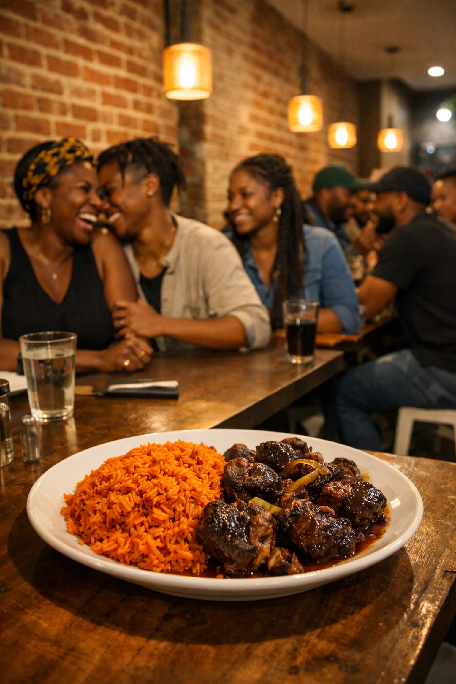Patrons dining on Nigerian jollof rice and oxtails inside the modern industrial 9jaGrills restaurant in Oakland.