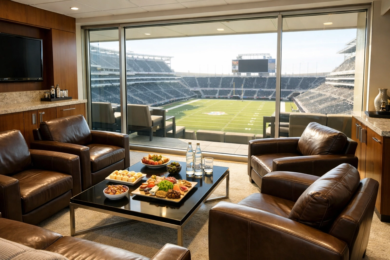 Luxury private stadium suite prepared for Super Bowl executive hospitality and corporate networking sessions.