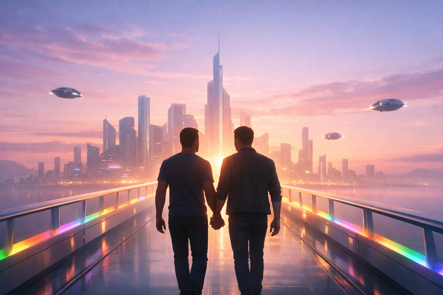 Two men walking toward a sunrise in a futuristic city, representing hope and resilient queer futures.