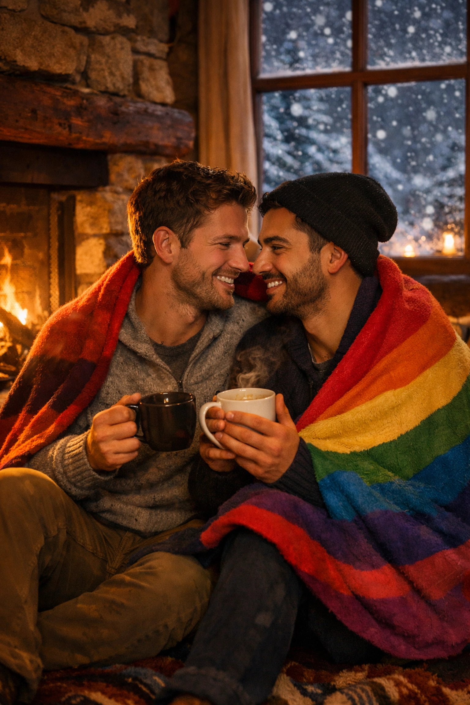 Gay couple relaxing by fireplace during après-ski at winter pride mountain lodge