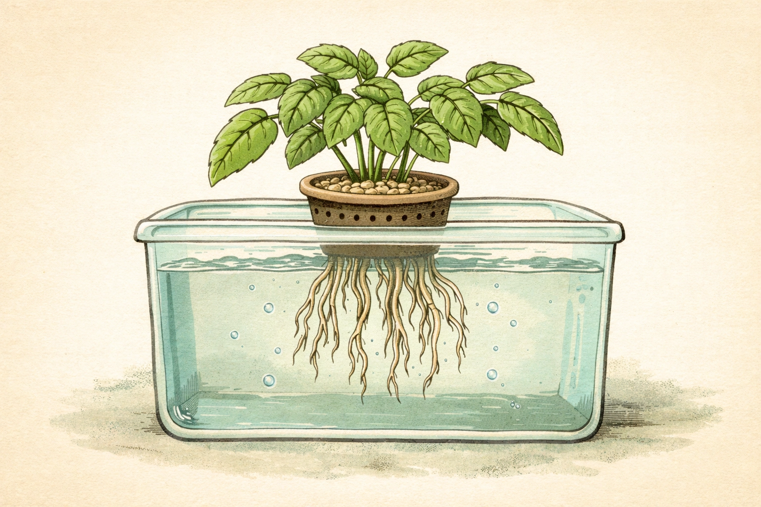 Storybook illustration of a hydroponic plant with roots underwater, showing root suffocation due to low dissolved oxygen.