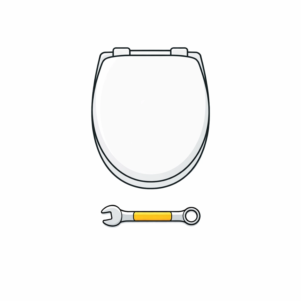 Minimalist illustration of a white toilet seat and wrench for home repair and replacement tasks.