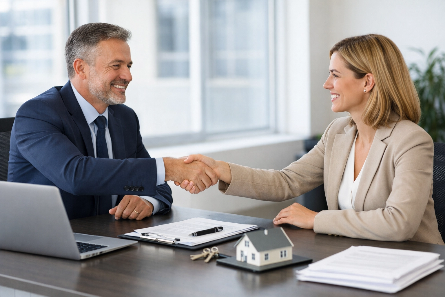 Professional landlord and tenant meeting to discuss tenancy agreement and compliance