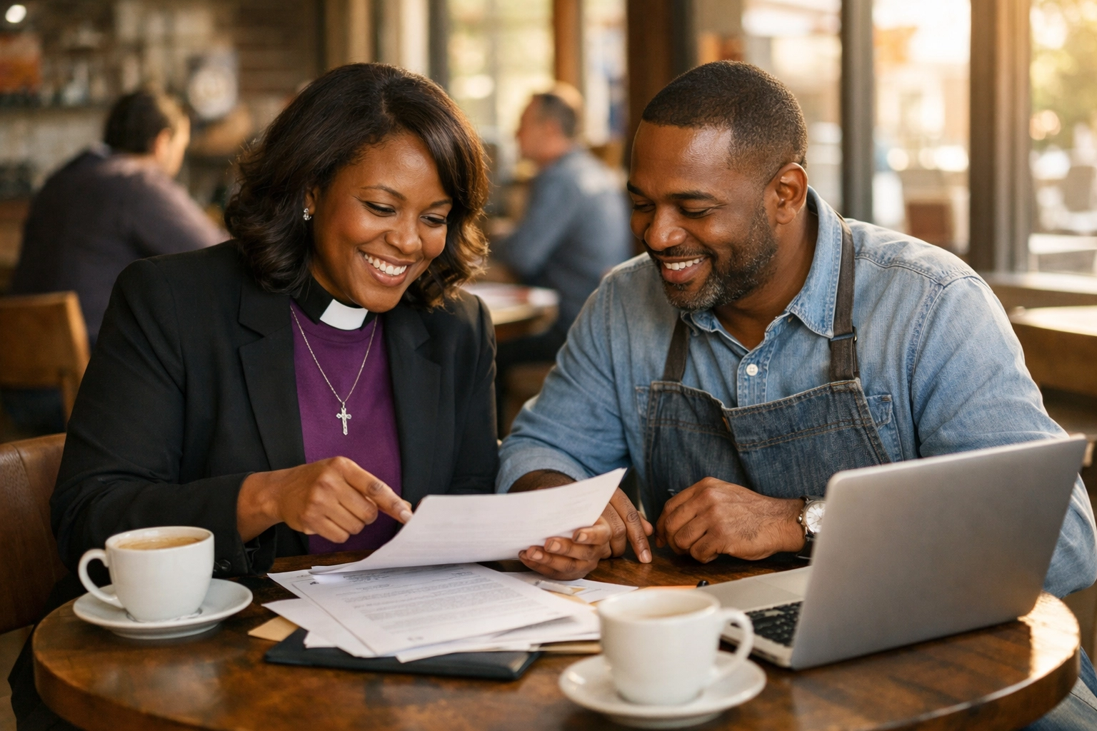 Pastor and Black business owner collaborating on local economic development