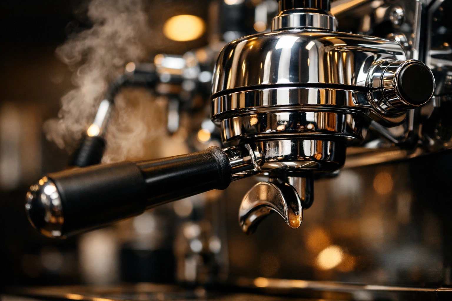 Professional espresso equipment featuring a chrome group head and portafilter for a specialty café.