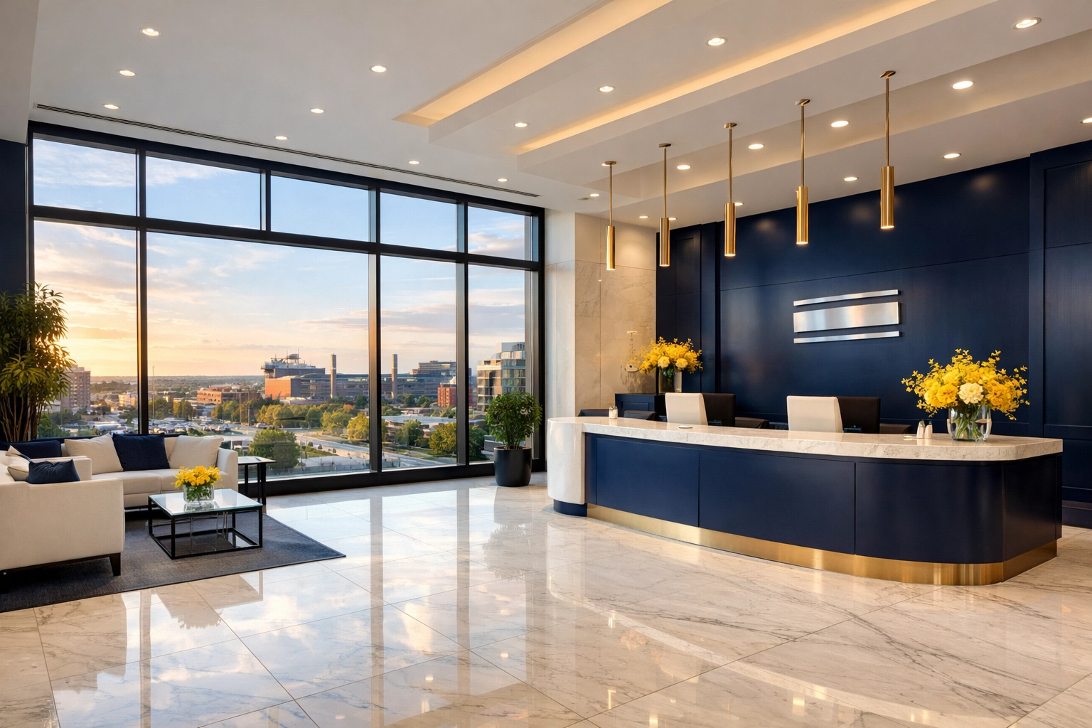 Spotless luxury lobby in Foxborough, Massachusetts, showcasing professional commercial cleaning and floor care.