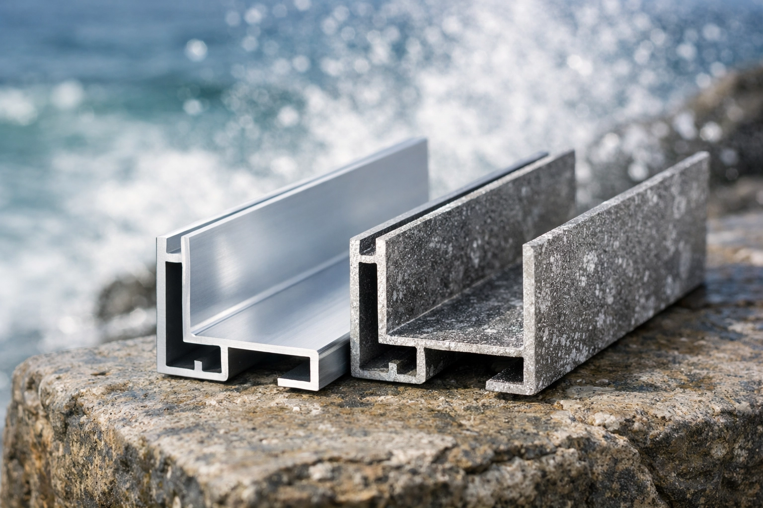 Corrosion-resistant 6063-T5 aluminum profile compared to oxidized metal in a coastal salt-spray environment.