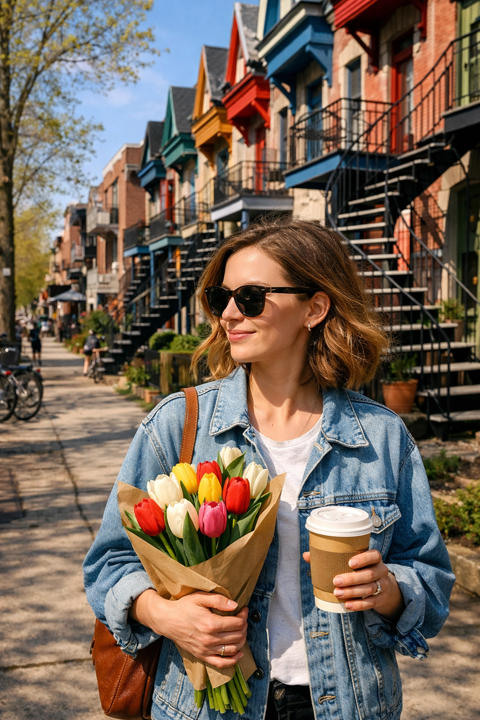 Local walking past iconic colorful houses in Montreal's Plateau neighborhood during spring.