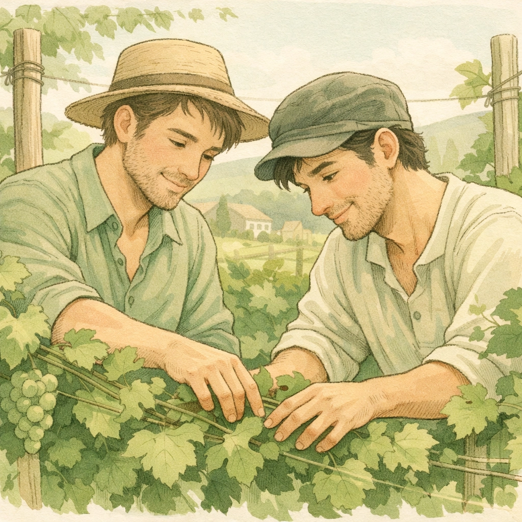 Gay romance couple tending vineyard together - shared labor builds emotional connection