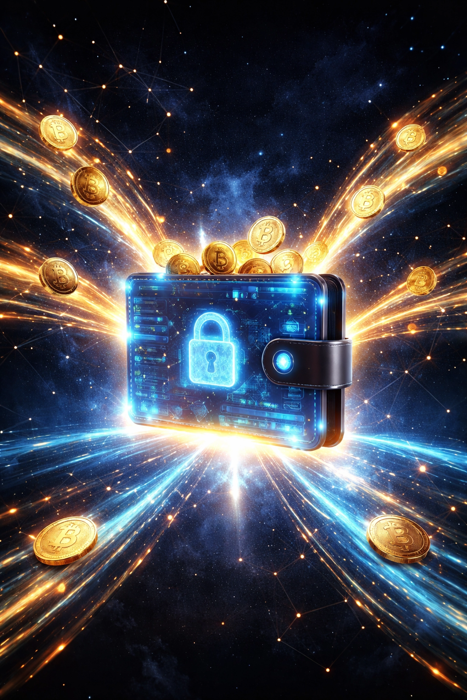 Digital wallet receiving cryptocurrency tokens in space, highlighting secure and instant Web3 payments for merchants