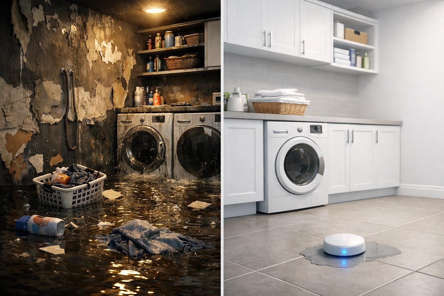 Comparison showing a flooded laundry room versus a dry home protected by a smart water leak detection sensor.