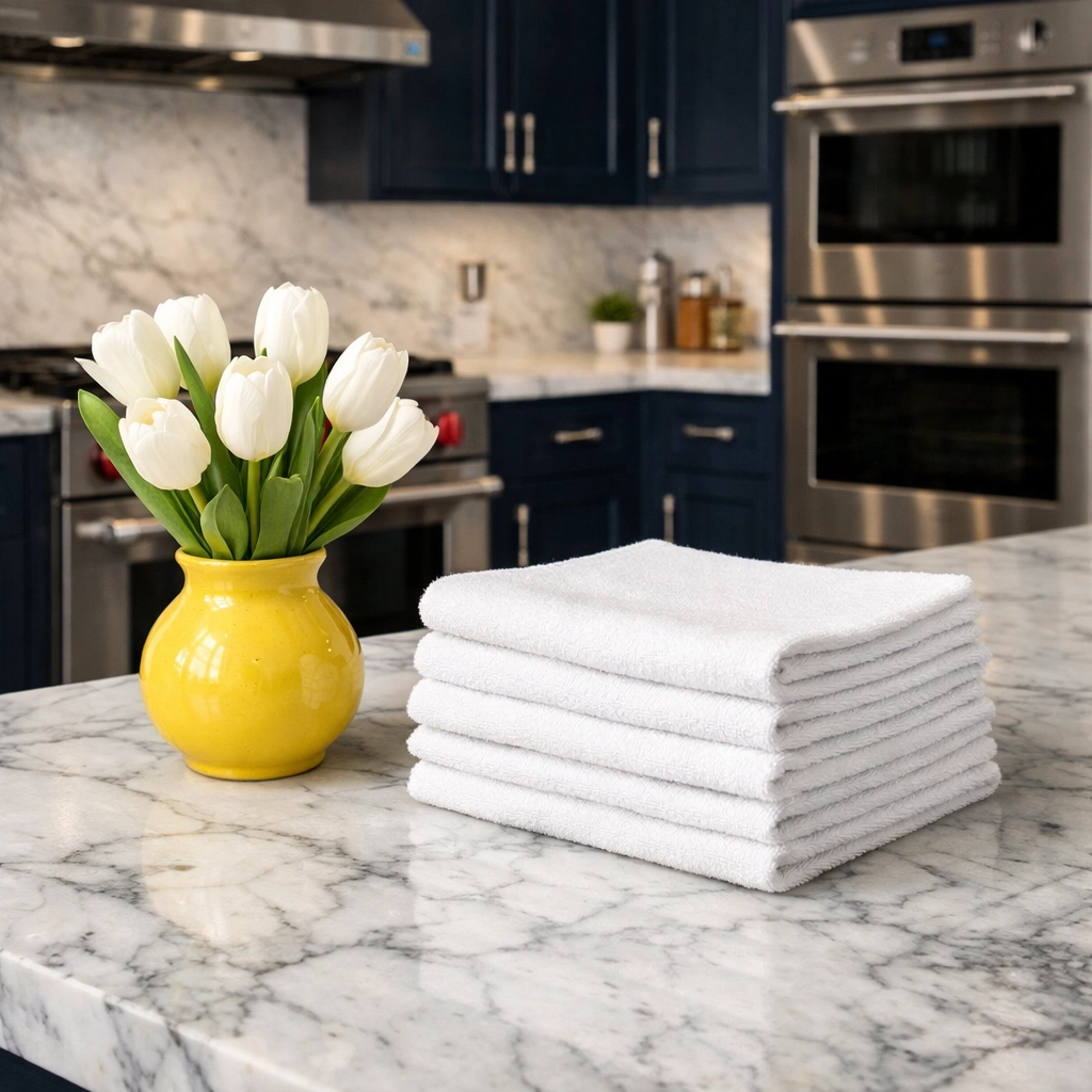 Immaculate marble kitchen island showing the high standards of a top maid service Cambridge.