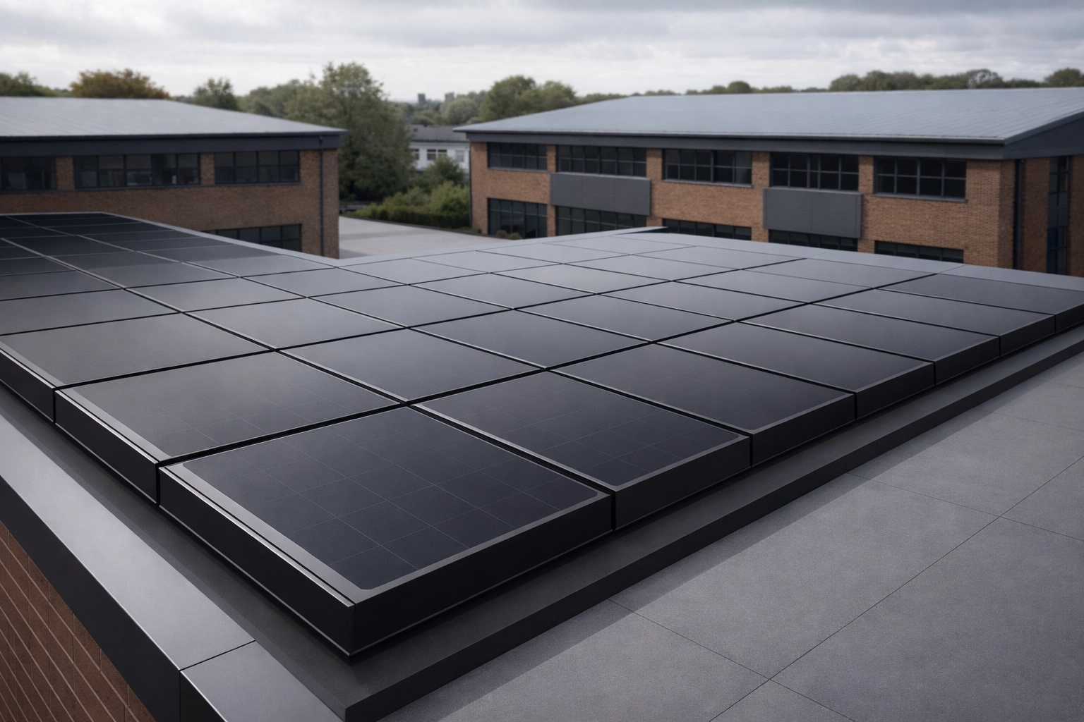 UK business owner reviewing commercial solar investment returns outside office with rooftop solar array