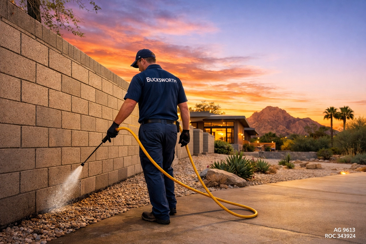 Bucksworth technician applying targeted weed control at a Biltmore home, providing the best pest control in Phoenix.