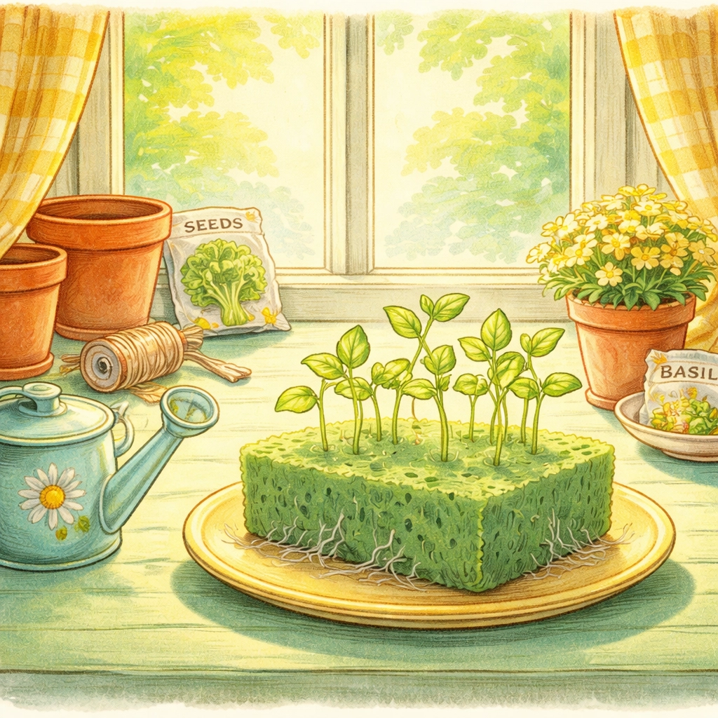 Classic illustration of a green sponge with sprouting lettuce and basil seedlings on a sunny windowsill, perfect for beginner gardeners