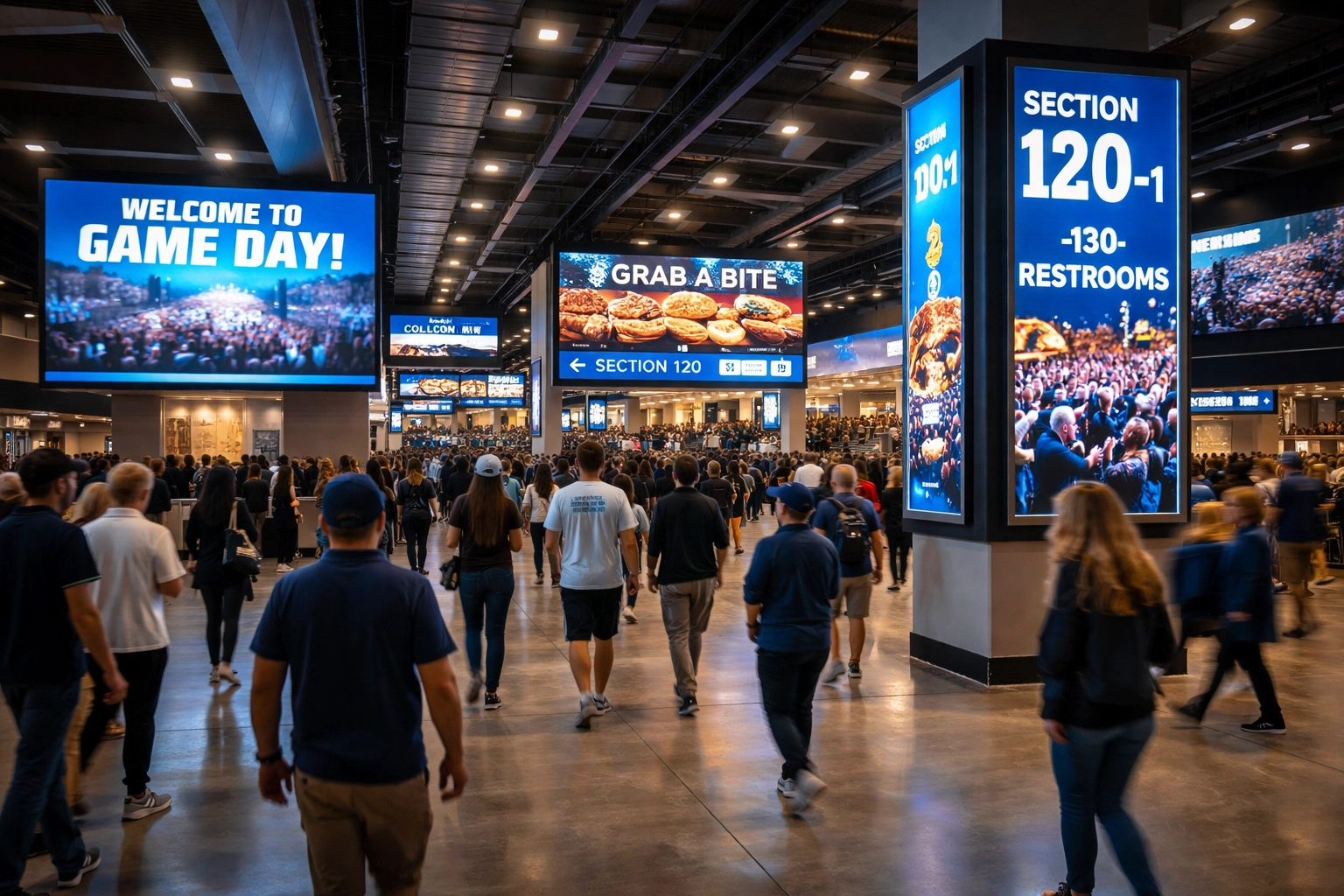 Modern sports stadium concourse featuring multiple LED digital signage displays for fan engagement and venue marketing.