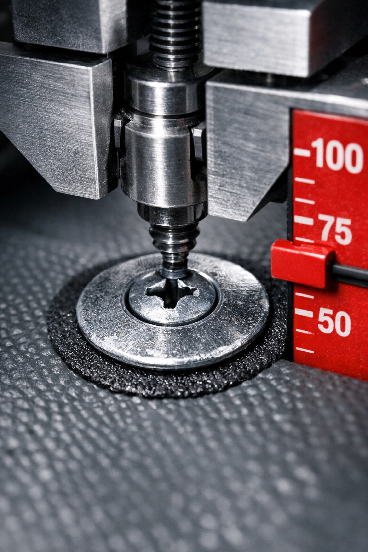 Close-up of roof fastener pullout testing equipment in use