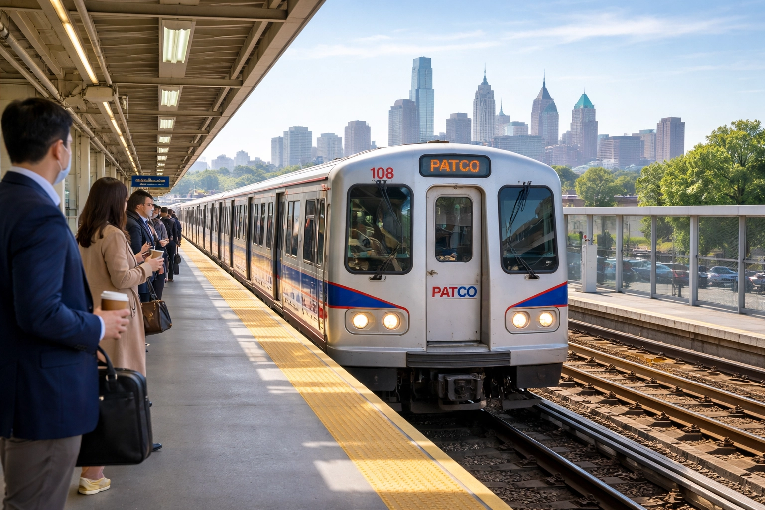 PATCO Speedline train at a Camden County station with Philadelphia skyline, showing easy South Jersey commute.